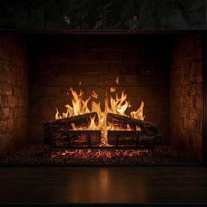May include: A cozy fireplace with a roaring fire. The flames are bright orange and yellow, illuminating the dark interior. The fireplace is framed by dark stone and brick, creating a warm and inviting atmosphere.