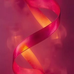 Könnte beinhalten: Abstraktes Bild eines sich windenden Bandes in Rot- und Orangetönen. Das Band scheint von innen beleuchtet zu sein, wodurch ein Gradienteneffekt entsteht. Der Hintergrund ist ein weiches, verschwommenes Magenta.