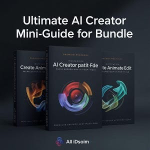 May include: Three black book covers with the text "Ultimate AI Creator Mini-Guide for Bundle". The books are titled "Create Anim", "AI Creator patit Fde", and "te Animate Edit". Each book has colourful abstract designs.