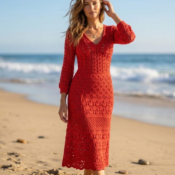 red long sleeve crochet dress Flared Long Sleeve Open Back Maxi Dress In Red Crochet Knit | EGO US