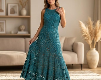 Teal Crochet Maxi Dress Pattern, Boho Lace Gown, Summer Beach Cover-Up (PDF)