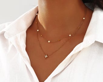 Double Layer Star Pendant, Stainless Steel CZ Pearl Chain, Minimalist Jewelry