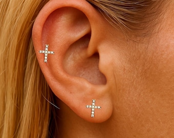 16G Stainless Steel Cross Cartilage Stud | CZ Flat Back Helix Tragus Piercing