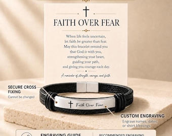 Aangepaste gegraveerde armband voor mannen, geloof over angst PU-leren armband, christelijk cadeau voor hem, vader echtgenoot zoon