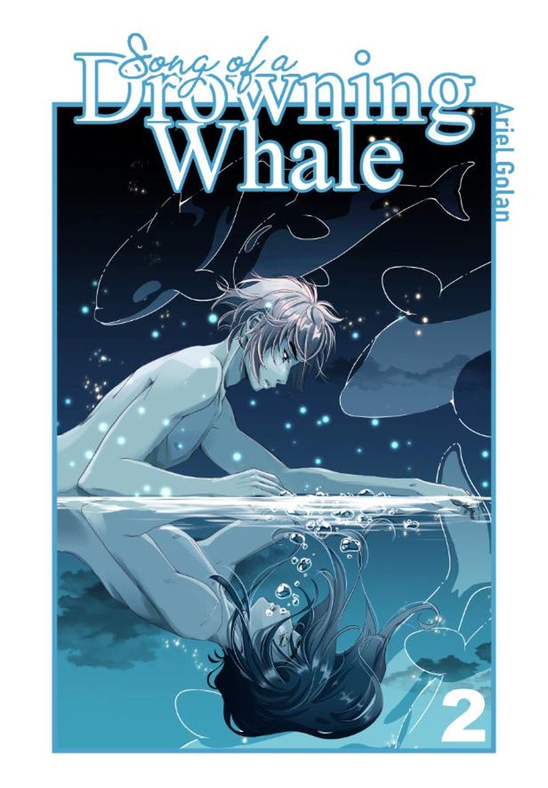 May include: A manga cover with a blue and white color scheme. The title "Song of a Drowning Whale" is at the top. The image features a person in water with whales in the background. The number "2" is in the bottom right corner.
