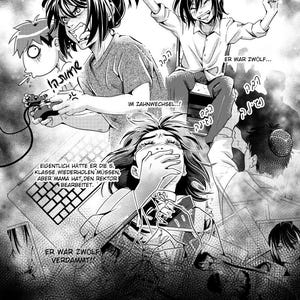 May include: Black and white manga illustration with multiple characters. One character is playing a video game, another is sitting on a chair, and a third is covering their mouth. Text includes "ADHO NO JUTSU" and German phrases.