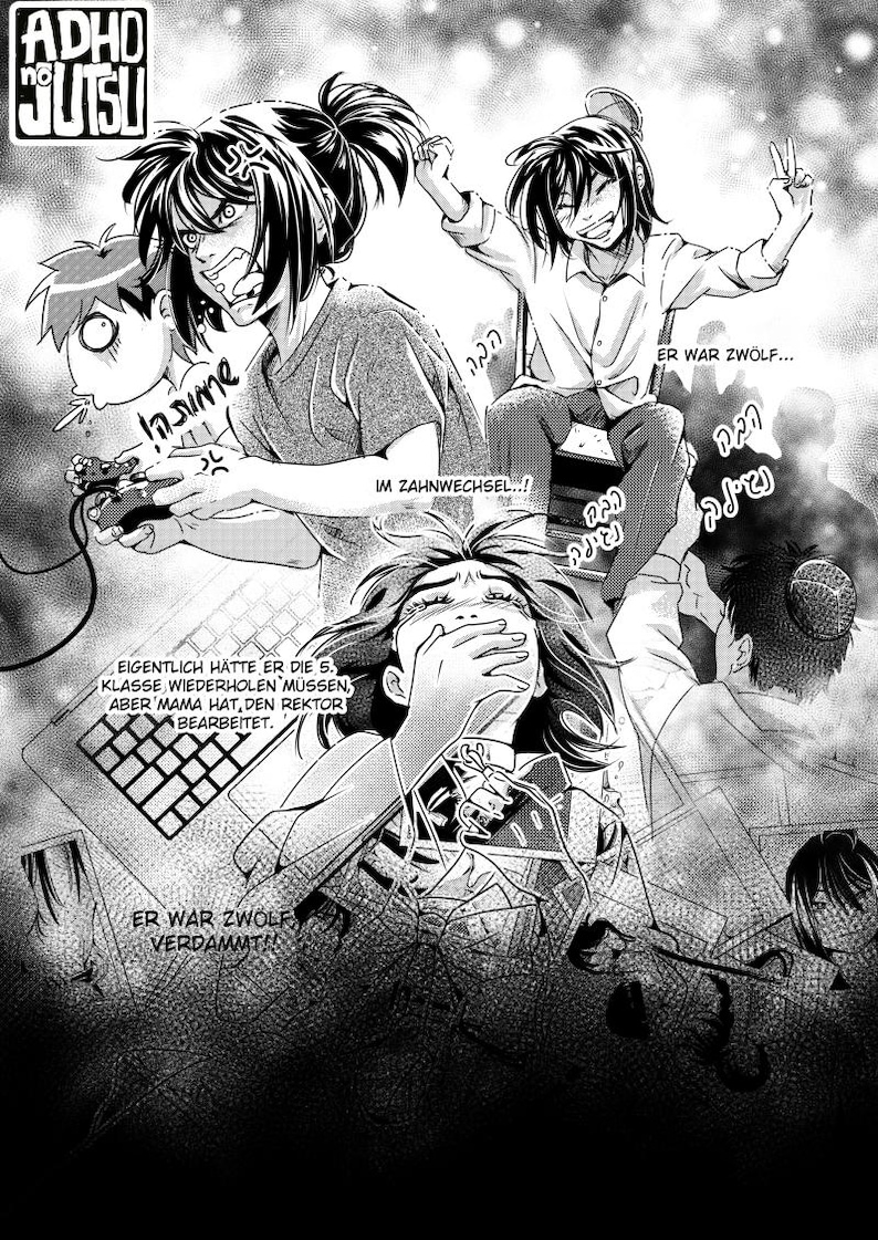 May include: Black and white manga illustration with multiple characters. One character is playing a video game, another is sitting on a chair, and a third is covering their mouth. Text includes "ADHO NO JUTSU" and German phrases.