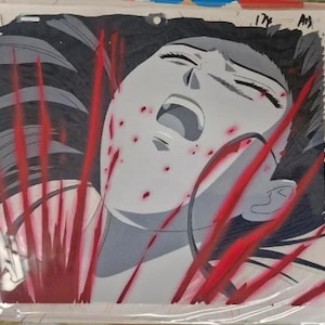 May include: Anime-style illustration of a person with a distressed expression. The face is pale with red splatters and streaks, suggesting injury. Dark hair frames the face, and the background is a muted gray.