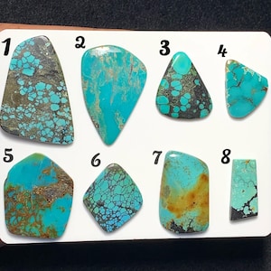 Puede incluir: Ocho piedras preciosas de turquesa pulidas dispuestas en una tarjeta de presentación blanca, numeradas del uno al ocho. Cada piedra presenta tonos azules y verdes únicos con distintos patrones de matriz de color marrón oscuro o negro.