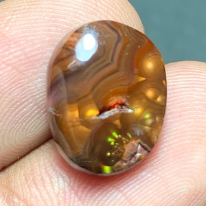 May include: An oval-shaped fire agate gemstone featuring a polished, translucent surface with layered brown and amber banding. The stone displays internal iridescent flashes of green and orange light within its deep, earthy, multi-toned structure.