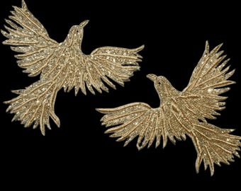 Handcrafted Gold Bird Patches, Embroidered Appliques (Pair)