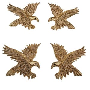 Può includere: Quattro toppe ricamate a forma di aquila in oro e marrone. Ogni toppa raffigura un'aquila in volo, con piume dettagliate e uno sguardo concentrato. Le toppe sono simmetriche, due rivolte a sinistra e due a destra.