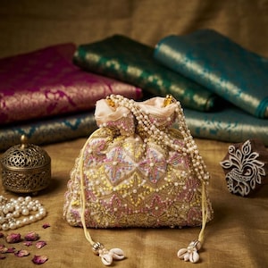 Può includere: Una pochette color crema con chiusura a coulisse, caratterizzata da ricami complessi in filo rosa, giallo e blu, arricchita da piccole perline e paillettes. La borsa presenta un manico di perle e due lunghi cordini con piccole conchiglie.