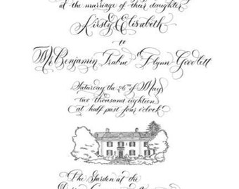 A hand lettered calligraphy invitation, illustrated RSVP, and additional card with venue illustration by Laura Lavender