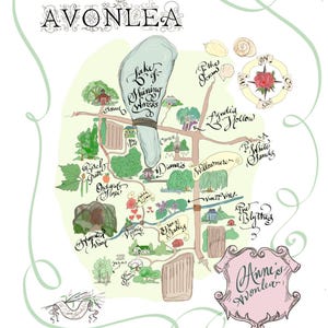 ANNE of green gables Hand Drawn Calligraphy Map Hand Lettering & Illustration AVONLEA Instant Digital download