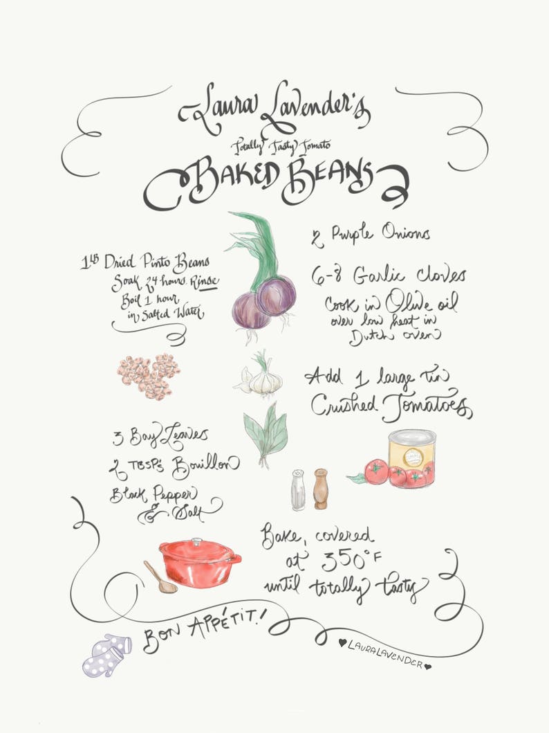 Custom Illustrated Recipe hand lettered & digitally painted image 1