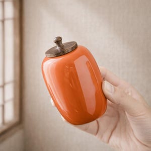 Handmade Ceramic Persimmon Tea Canister, Japanese Style Fruit Storage Jar