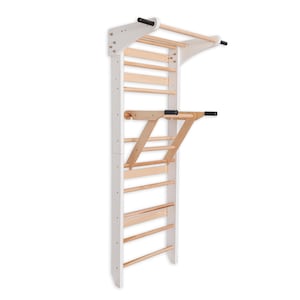 Può includere: Un telaio da arrampicata a parete in legno bianco con pioli in legno naturale e sbarre per trazioni. Il telaio include una scala, barre angolate e una barra orizzontale per vari esercizi. Le sbarre per trazioni hanno impugnature nere.