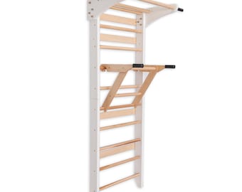 May include: A white wooden wall-mounted climbing frame with natural wood rungs and pull-up bars. The frame includes a ladder, angled bars, and a horizontal bar for various exercises. The pull-up bars have black grips.