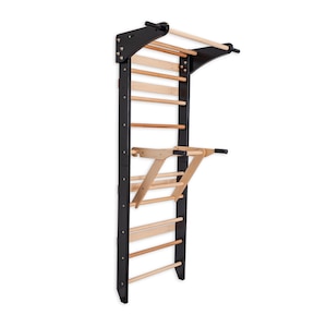 Escalera Sueca Negra con Barra de Ejercicios y Paralelas para Niños y Adultos – Muro de Escalada de Madera