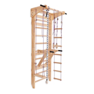 Escalera sueca con barra de ejercicios y paralelas para niños y adultos – Muro de escalada de madera, incluye accesorios