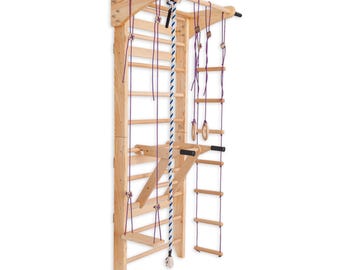 Escalera sueca con barra de ejercicios y paralelas para niños y adultos – Muro de escalada de madera, incluye accesorios