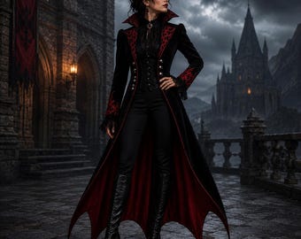 Frac gótico victoriano para mujer, abrigo de vampiro negro, chaqueta larga steampunk con bordado rojo.