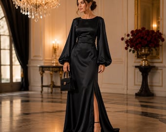 Vestido largo de satén negro, vestido de noche con mangas abullonadas, cintura con cordones, vestido formal con abertura