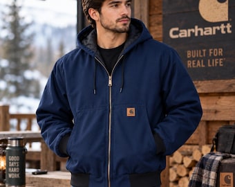 Carhartt Work Jacket, Navy Blue Hooded Jacket, Men's Workwear Jacket, Insulated Winter Jacket