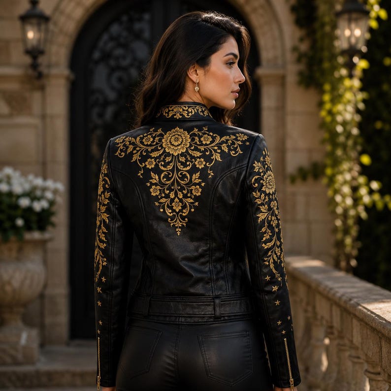 K&ouml;nnte beinhalten: Eine schwarze Jacke mit aufwendiger goldener Blumenstickerei auf dem R&uuml;cken und den &Auml;rmeln. Die Jacke hat einen hohen Kragen, einen G&uuml;rtel in der Taille und goldfarbene Rei&szlig;verschl&uuml;sse an den &Auml;rmelb&uuml;ndchen. Dazu eine passende schwarze Hose.