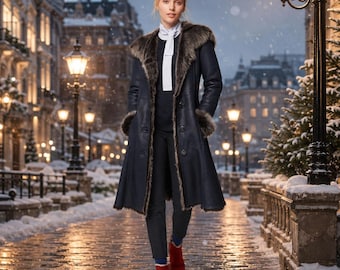 Abrigo de cuero azul marino oscuro para mujer, abrigo de invierno con capucha y ribete de piel, abrigo largo de cuero, chaqueta de lujo con cuello de piel.