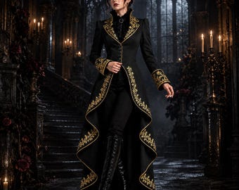 Frac gótico negro para mujer, abrigo victoriano steampunk, chaqueta larga bordada en oro, abrigo de boda, abrigo de vampiro, chaqueta renacentista.
