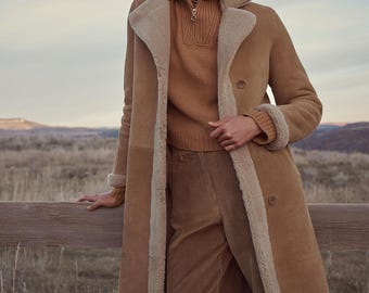 Abrigo reversible de borrego para mujer, abrigo largo de invierno, abrigo de peluche Sherpa de doble cara, abrigo acogedor color crema tostado, abrigo cálido de otoño e invierno.