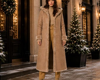 Abrigo reversible de borrego para mujer, abrigo de invierno de doble cara, abrigo largo de piel con capucha, abrigo cálido color canela, prenda de abrigo de invierno de lujo