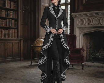 Chaqueta de frac gótico victoriano para mujer, abrigo steampunk negro, chaqueta de boda gótica, disfraz de vampiro, abrigo de bruja