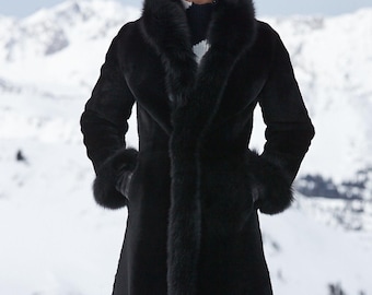 Abrigo reversible de borrego para mujer, abrigo de piel negro, abrigo de invierno de lujo, chaqueta de piel reversible, prenda de abrigo cálida para mujer, abrigo elegante