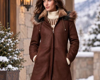 Abrigo de mujer marrón de borrego con capucha, abrigo de invierno de cuero, chaqueta con ribete de piel, prenda de abrigo cálida con capucha.