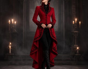 Frac victoriano gótico rojo para mujer, abrigo largo steampunk, chaqueta de vampiro, abrigo ajustado negro bordado, moda alternativa.