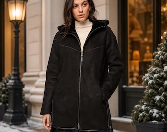 Abrigo de invierno negro reversible para mujer, abrigo con capucha de piel sintética, chaqueta cálida de doble cara, prenda exterior de piel negra acogedora, abrigo largo de invierno