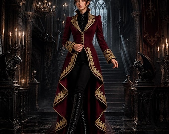 Chaqueta de frac gótica burdeos para mujer, abrigo victoriano steampunk, chaqueta renacentista bordada, abrigo de boda de vampiro, disfraz de pirata