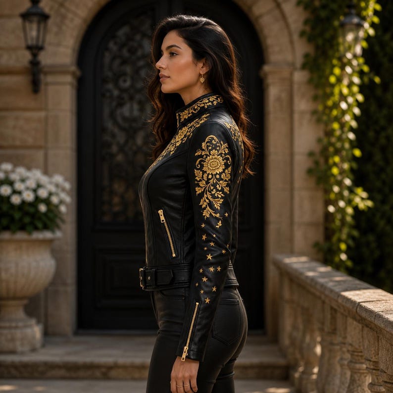 K&ouml;nnte beinhalten: Eine schwarze Lederjacke mit aufwendiger goldener Blumenstickerei an den Schultern und &Auml;rmeln, akzentuiert durch kleine goldene Sternmotive. Die Jacke verf&uuml;gt &uuml;ber einen hohen Kragen, goldfarbene Rei&szlig;verschlusstaschen und einen passenden schwarzen G&uuml;rtel.