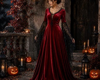 Vestido gótico de terciopelo rojo, vestido largo de encaje negro, vestido victoriano de Halloween, disfraz de bruja, disfraz de vampira medieval para mujer.