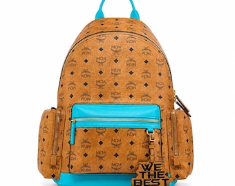 MCM Cognac Visetos Leather Backpack with Turquoise Accents – Unisex Travel Bag