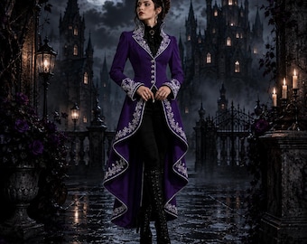 Frac gótico victoriano morado para mujer, abrigo steampunk bordado, chaqueta renacentista, abrigo de boda de vampiro, chaqueta de princesa gótica