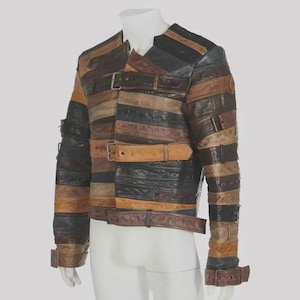 Chaqueta de cuero estilo motero con retazos, chaqueta de moto vintage multicolor, abrigo motero steampunk con cinturón, chaqueta de cuero retro, prenda de abrigo hecha a mano.