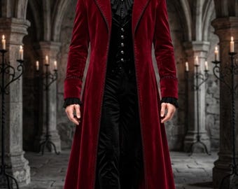 Abrigo gótico de terciopelo burdeos para hombre, frac victoriano, abrigo largo de vampiro, chaqueta de disfraz steampunk, abrigo formal gótico