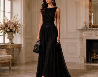 Schwarzes, verziertes Abendkleid, ärmelloses, elegantes, plissiertes Maxikleid für Hochzeitsgäste, Galas und besondere Anlässe