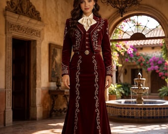 Traje de tres piezas de terciopelo burdeos para mujer, chaqueta, chaleco y falda bordados, conjunto formal occidental con estampado floral dorado.