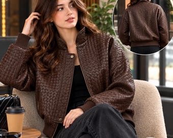 Chaqueta bomber de cuero tejido marrón para mujer, chaqueta texturizada con cremallera, cuello alto y puños acanalados, prenda de abrigo hecha a mano para otoño e invierno.