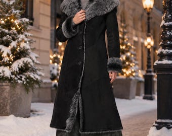 Abrigo negro de borrego para mujer, abrigo largo de invierno con capucha y puños de piel, abrigo de ante, prenda de abrigo de invierno cálida y lujosa.
